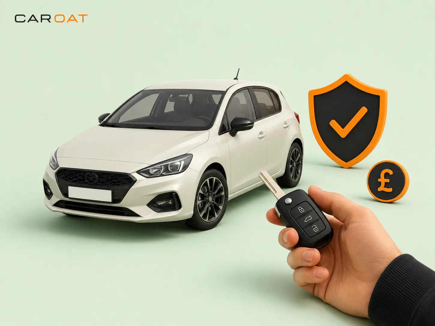 White hatchback with a key and a Caroat check shield